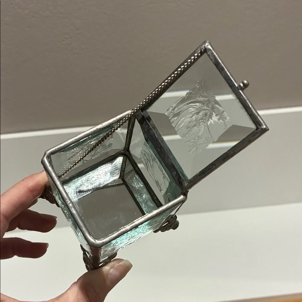 Vintage French Victorian Jewelry Casket Box With Beveled Etched Glass Ormolu 3”